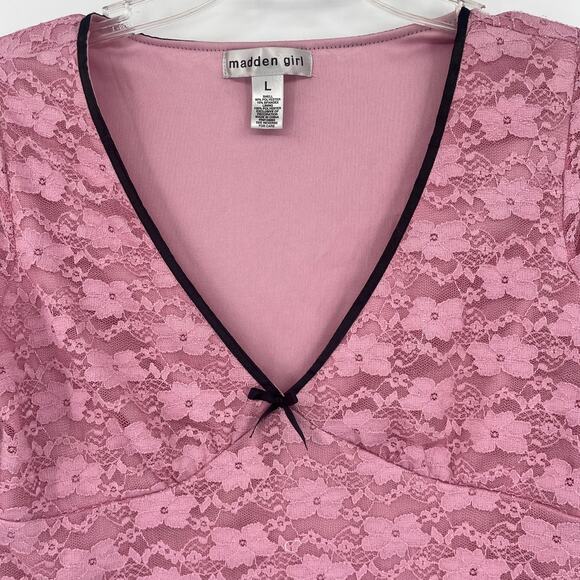 Madden Girl Y2K Babydoll Lace Top Sz L Cropped Coquette Bow Romantic Ballet Soft - Picture 2 of 8